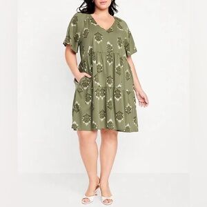 Old Navy Women's Dress Swing V-Neck Green Olive Print | Size XXL